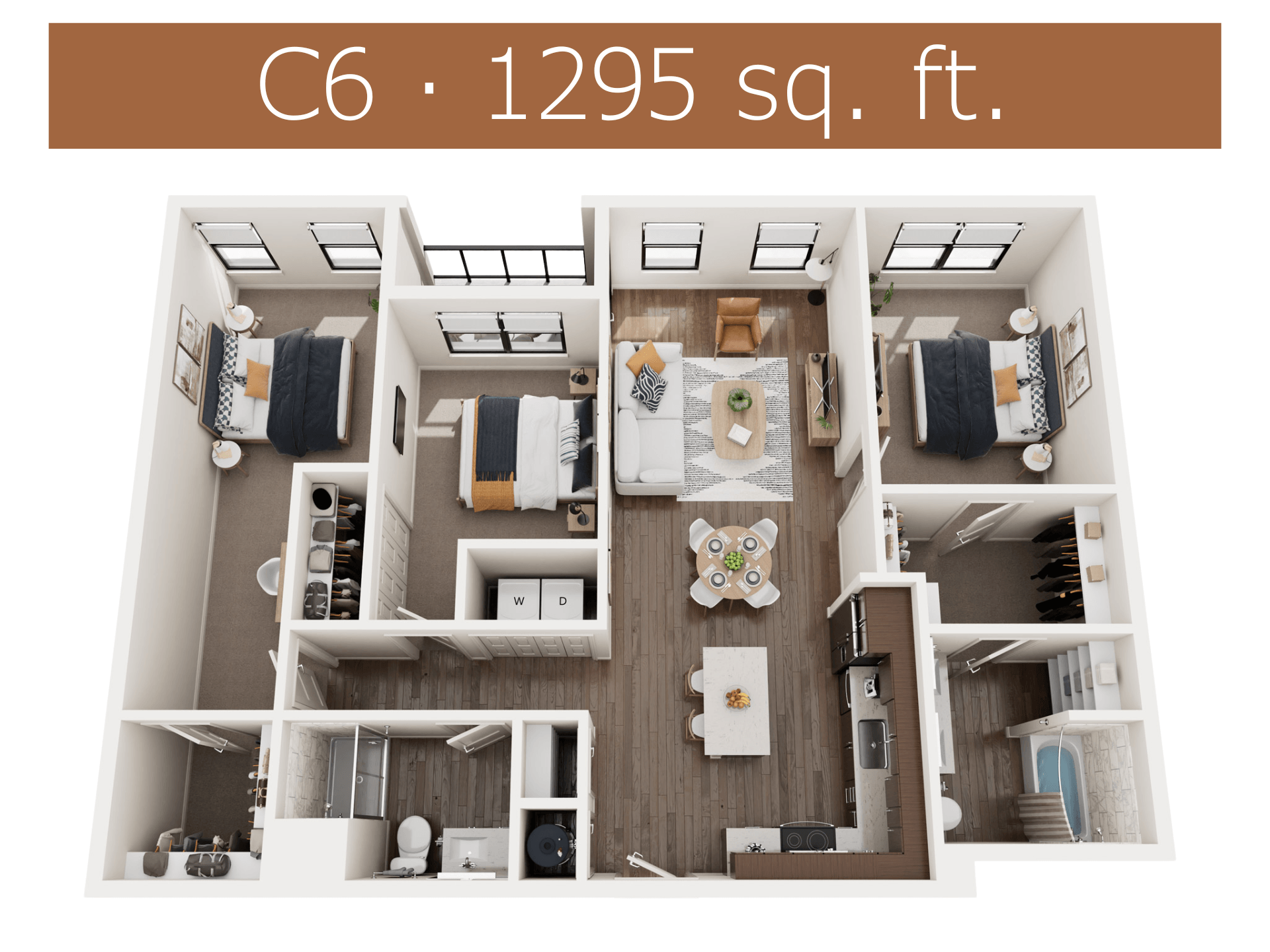 Floor plan for 3 beds, 2 baths, 1295 sqft
